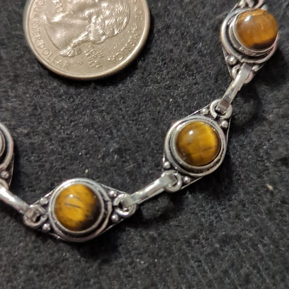 Silver Plated Brown Tiger's Eye Gemstone Dainty Delicate Statement Bracelet